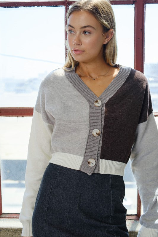 Color Blocked Cropped Cardigan-Grey