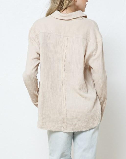 Oversized Long Sleeve Raw Edge Button Down Top-Beige