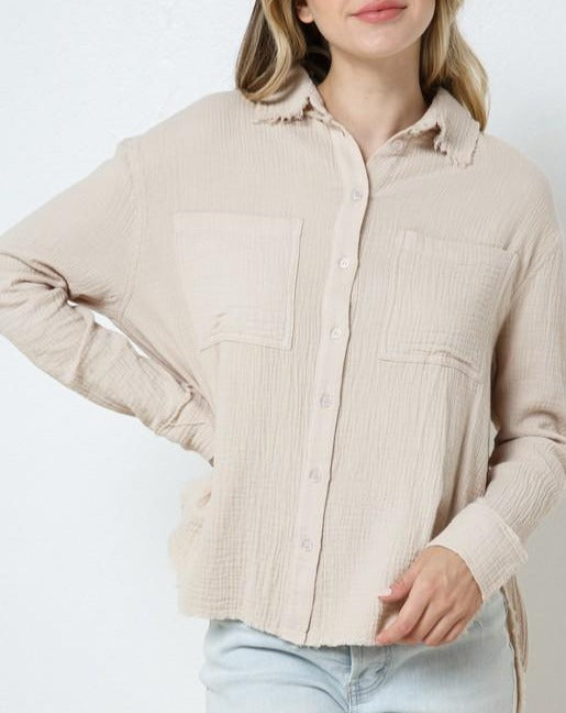 Oversized Long Sleeve Raw Edge Button Down Top-Beige