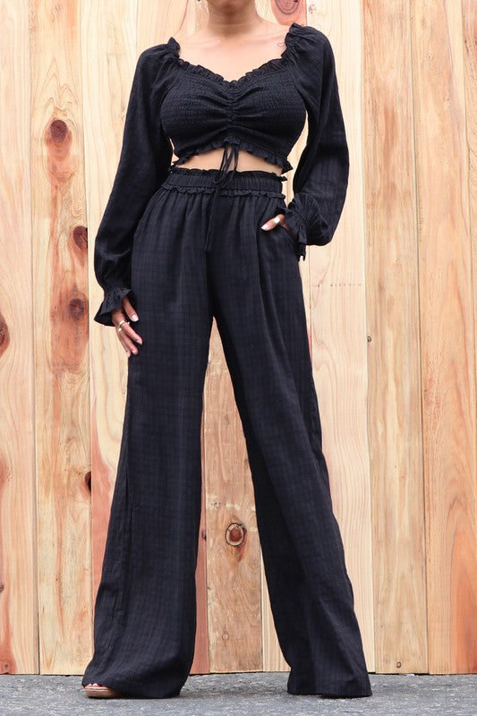 PRINTED WOVEN TOP AND PANT SET-BLACK