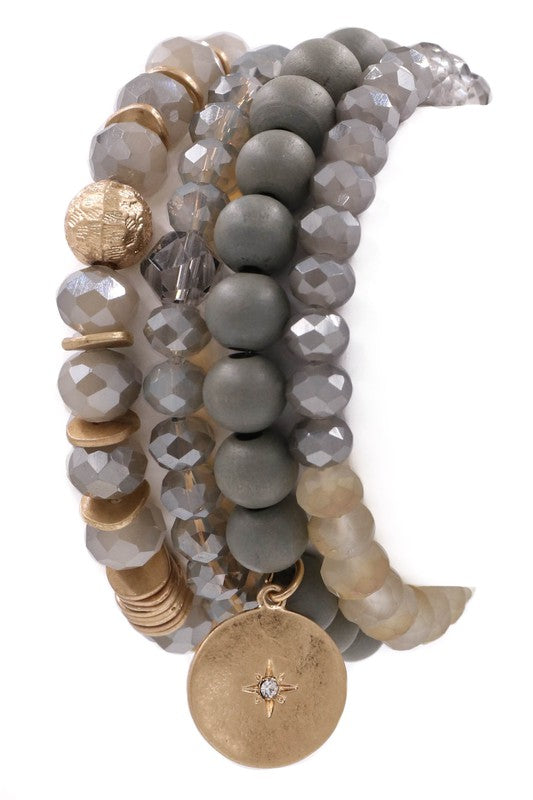 Faceted bead assorted stretch bracelet set-Grey