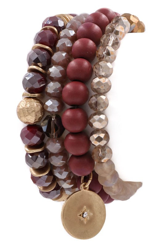 Faceted bead assorted stretch bracelet set-Wine