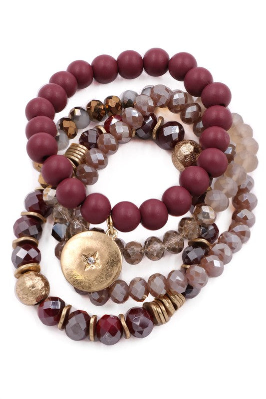 Faceted bead assorted stretch bracelet set-Wine