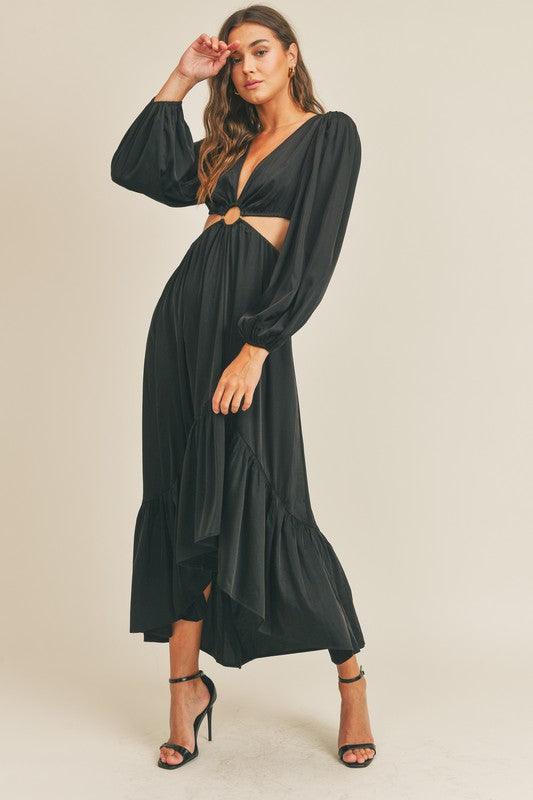 SATIN CUTOUT MAXI BLACK DRESS