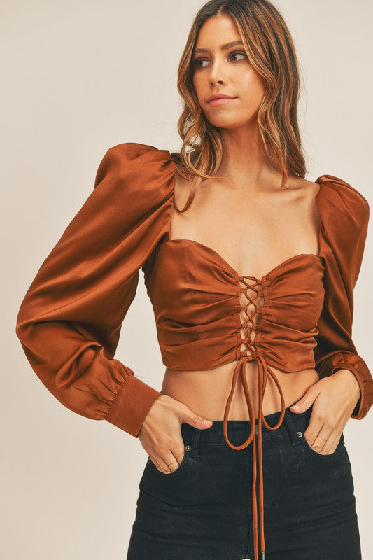 SOLID SATIN FRONT LACE UP CROP TOP