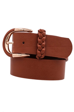 Plus Size U buckle braid loop faux leather belt-Black Brown