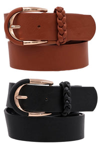 Plus Size U buckle braid loop faux leather belt-Black Brown
