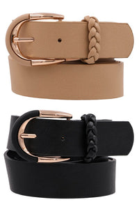 Plus Size U buckle braid loop faux leather belt-Black Taupe