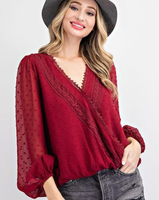 SURPLICE LACE LONG SLEEVE BURGUNDY TOP