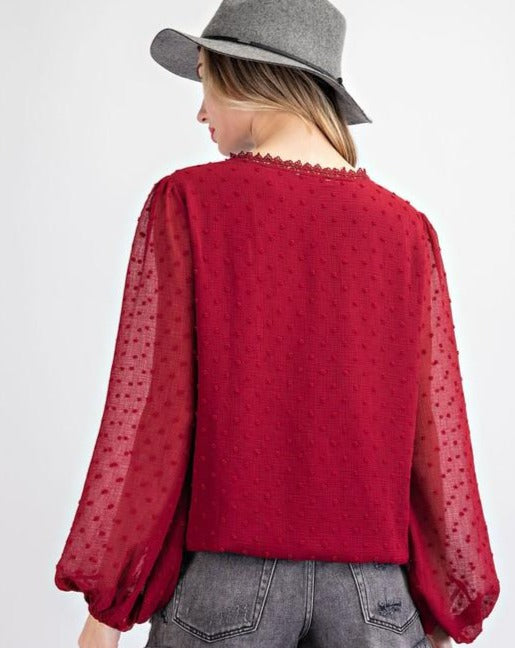 SURPLICE LACE LONG SLEEVE BURGUNDY TOP