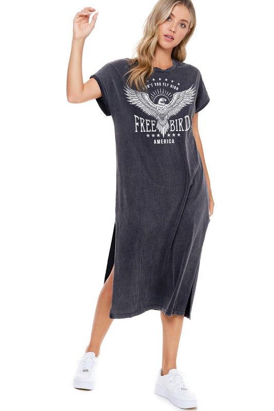 WON'T YOU FLY HIGH FREE BIRD GRAPHIC SOFT MINERAL WASHED COTTON T SHIRT DRESS