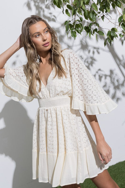 FLUTTER SLEEVE RUFFLE HEM LACE DRESS