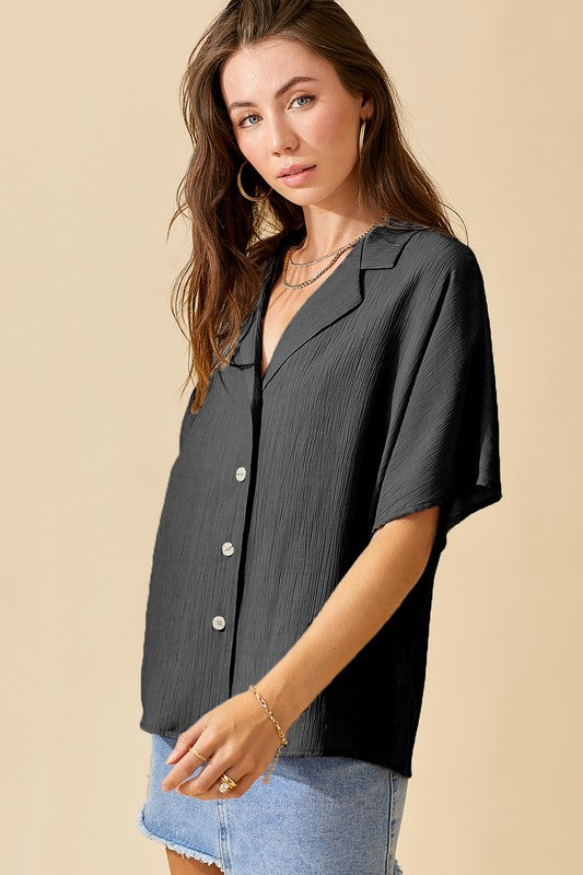 Short Sleeve Button Top-Black