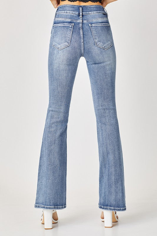 RISEN HIGH-RISE DOUBLE BUTTON DOWN FLARE JEANS