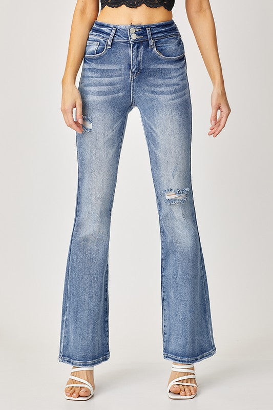 RISEN HIGH-RISE DOUBLE BUTTON DOWN FLARE JEANS