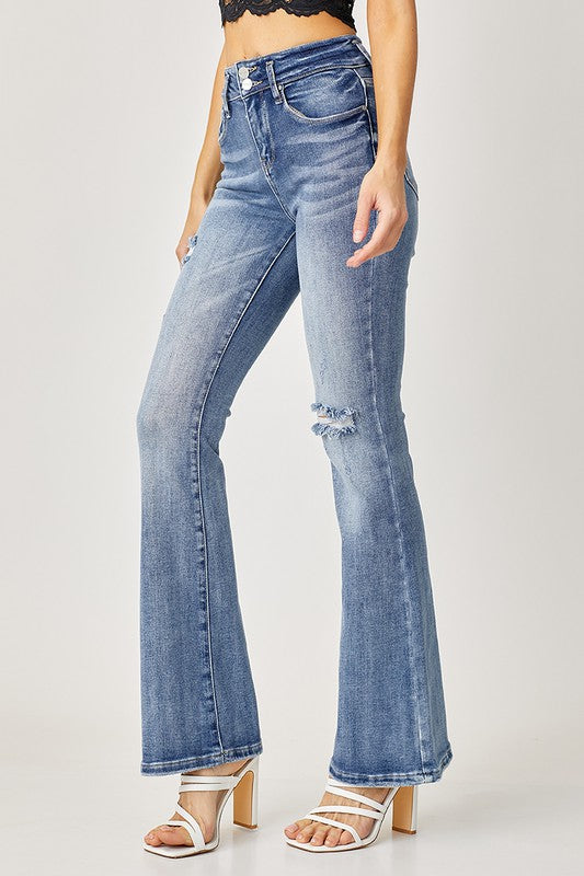 RISEN HIGH-RISE DOUBLE BUTTON DOWN FLARE JEANS