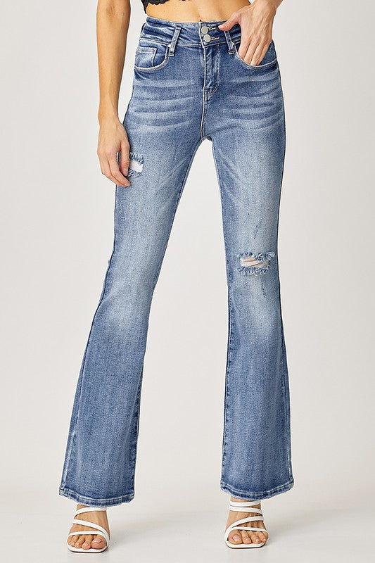 RISEN HIGH-RISE DOUBLE BUTTON DOWN FLARE JEANS