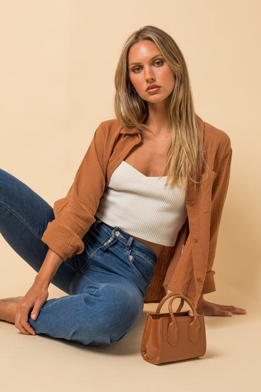 Long Sleeve Raw Edge Button Down Top-Camel