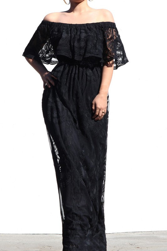 OFF THE SHOULDER LACE MAXI DRESS -BLACK