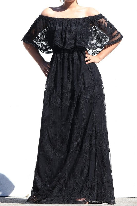 OFF THE SHOULDER LACE MAXI DRESS -BLACK