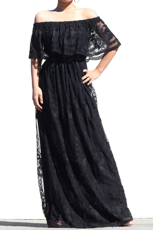 OFF THE SHOULDER LACE MAXI DRESS -BLACK