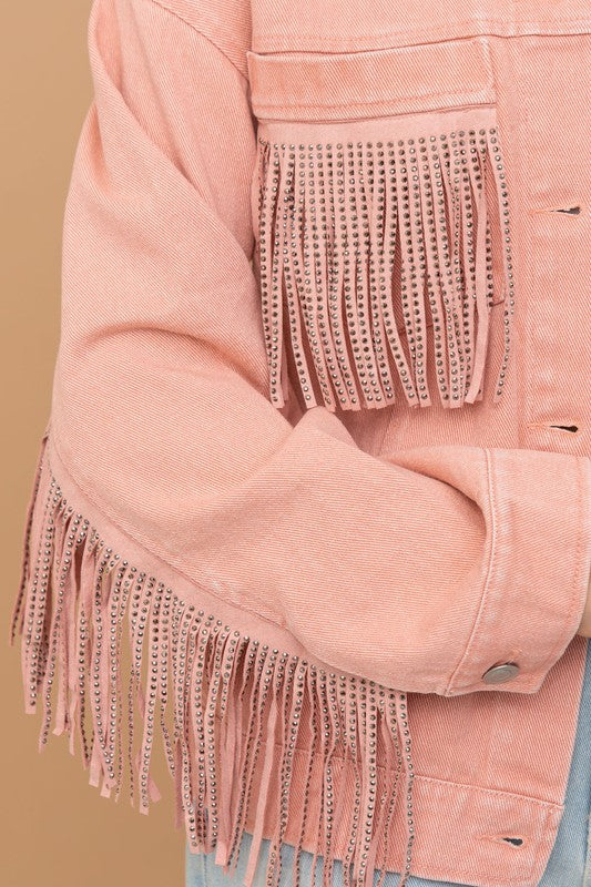 Twill Western Studded Fringe Jacket-Pink