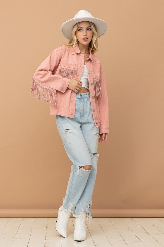 Twill Western Studded Fringe Jacket-Pink