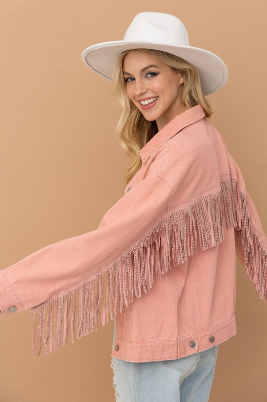 Twill Western Studded Fringe Jacket-Pink