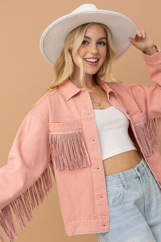 Twill Western Studded Fringe Jacket-Pink