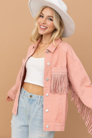 Twill Western Studded Fringe Jacket-Pink