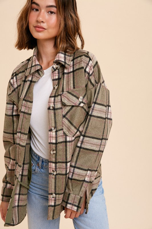 Falling For You Plaid Oversized Shacket-Green