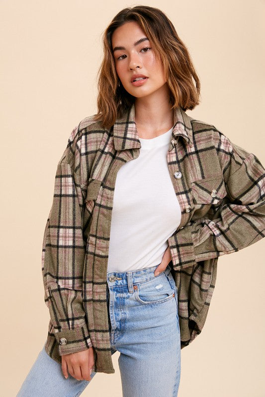 Falling For You Plaid Oversized Shacket-Green