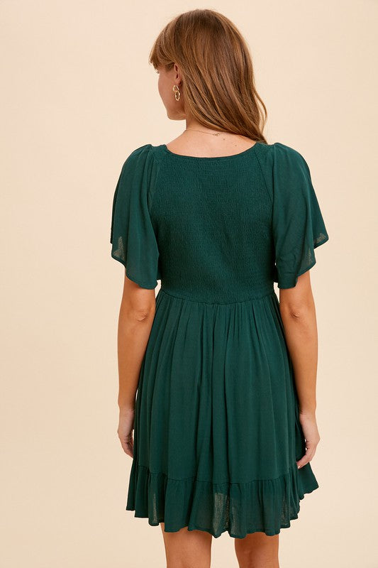 Flutter Sleeve Smocked Midi Dress-Emerald Green