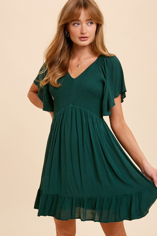 Flutter Sleeve Smocked Midi Dress-Emerald Green