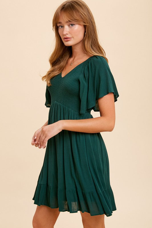 Flutter Sleeve Smocked Midi Dress-Emerald Green