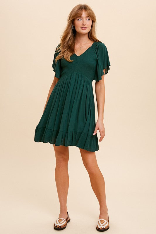 Flutter Sleeve Smocked Midi Dress-Emerald Green