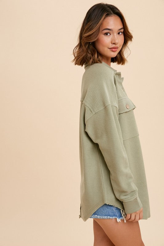 COLLARED BUTTON FRONT SWEATSHIRT-MATCHA SAGE