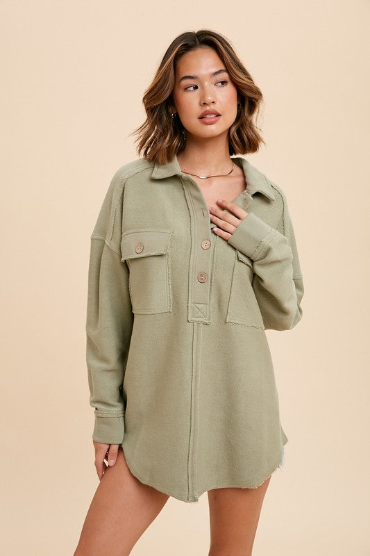 COLLARED BUTTON FRONT SWEATSHIRT-MATCHA SAGE