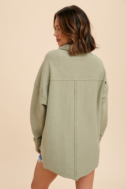 COLLARED BUTTON FRONT SWEATSHIRT-MATCHA SAGE