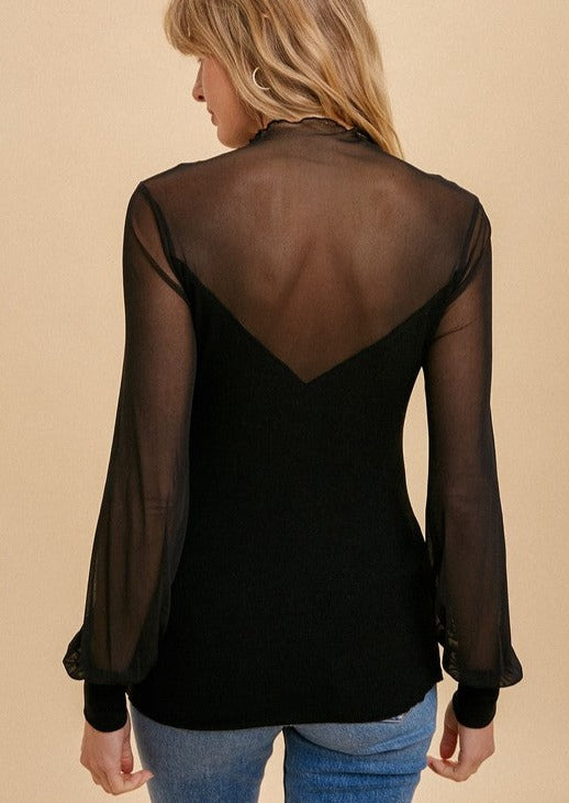 SHEER MESH CONTRAST RIB MOCK NECK BLACK TOP