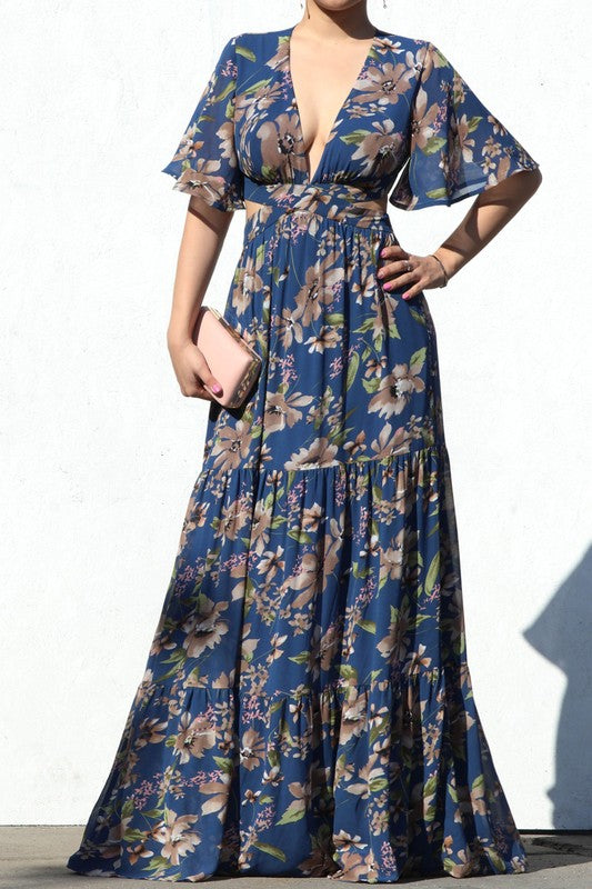 V NECKLINE WOVEN MAXI DRESS CUT OUT FLORAL MAXI DRESS