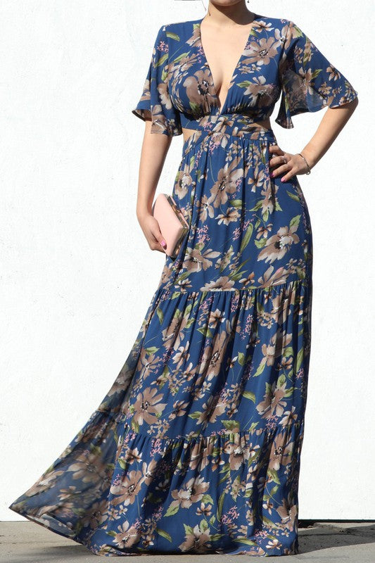 V NECKLINE WOVEN MAXI DRESS CUT OUT FLORAL MAXI DRESS