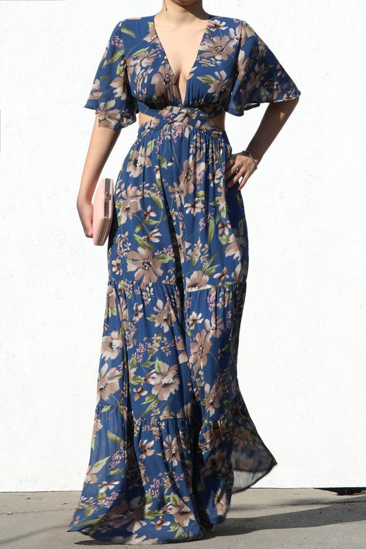 V NECKLINE WOVEN MAXI DRESS CUT OUT FLORAL MAXI DRESS