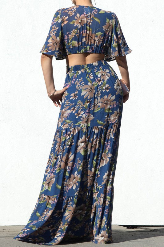 V NECKLINE WOVEN MAXI DRESS CUT OUT FLORAL MAXI DRESS