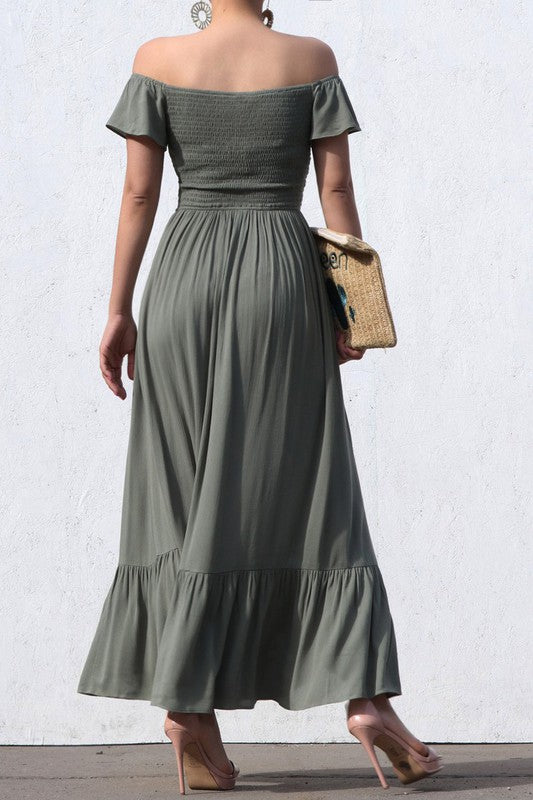 SMOCKED OFF SHOULDER RUCHED CHEST MAXI DRESS-SAGE