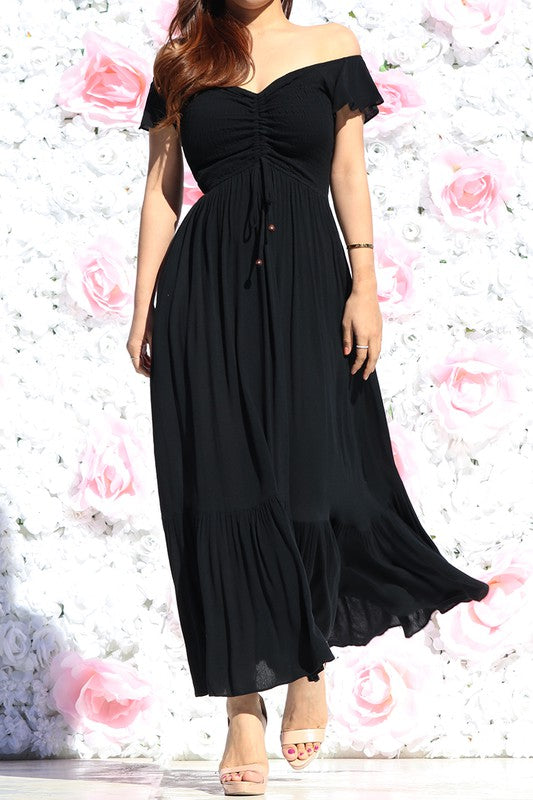 SMOCKED OFF SHOULDER RUCHED CHEST MAXI DRESS-BLACK