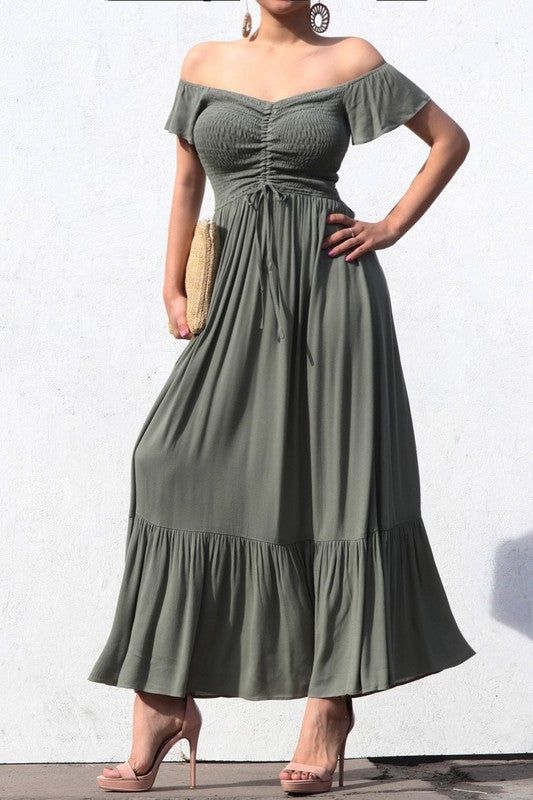 SMOCKED OFF SHOULDER RUCHED CHEST MAXI DRESS-SAGE