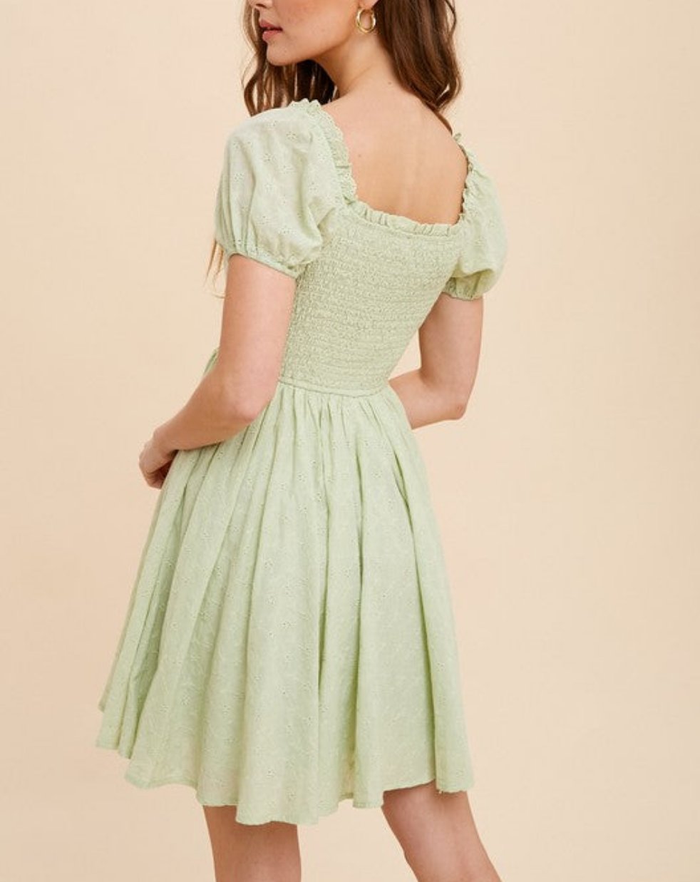 CORSET BODICE PUFF SLEEVE  EYELET LIME GREEN MINI DRESS