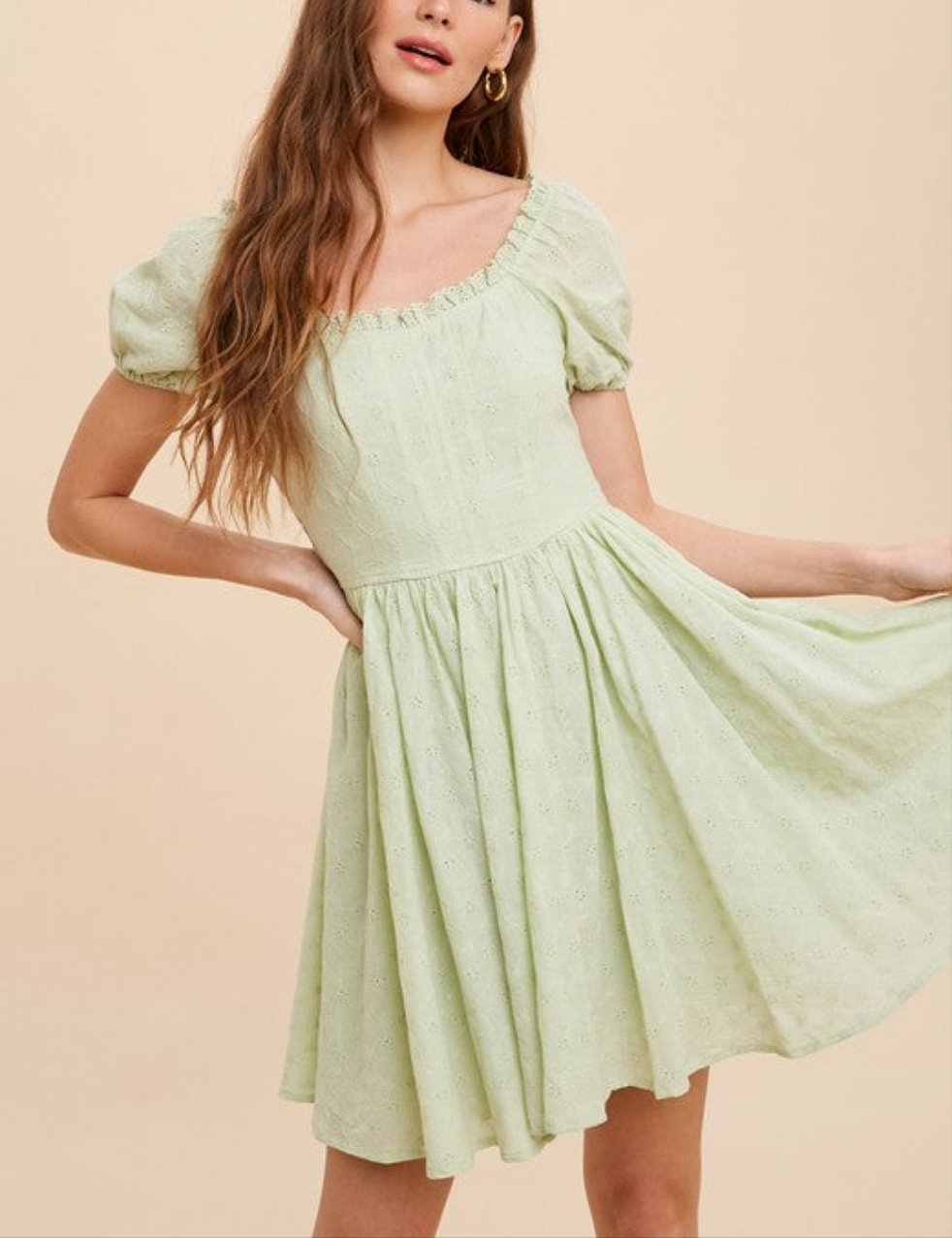 CORSET BODICE PUFF SLEEVE  EYELET LIME GREEN MINI DRESS