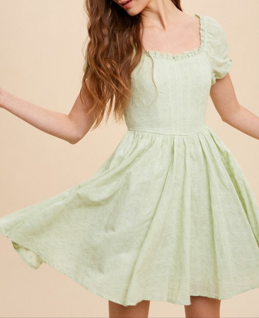 CORSET BODICE PUFF SLEEVE  EYELET LIME GREEN MINI DRESS